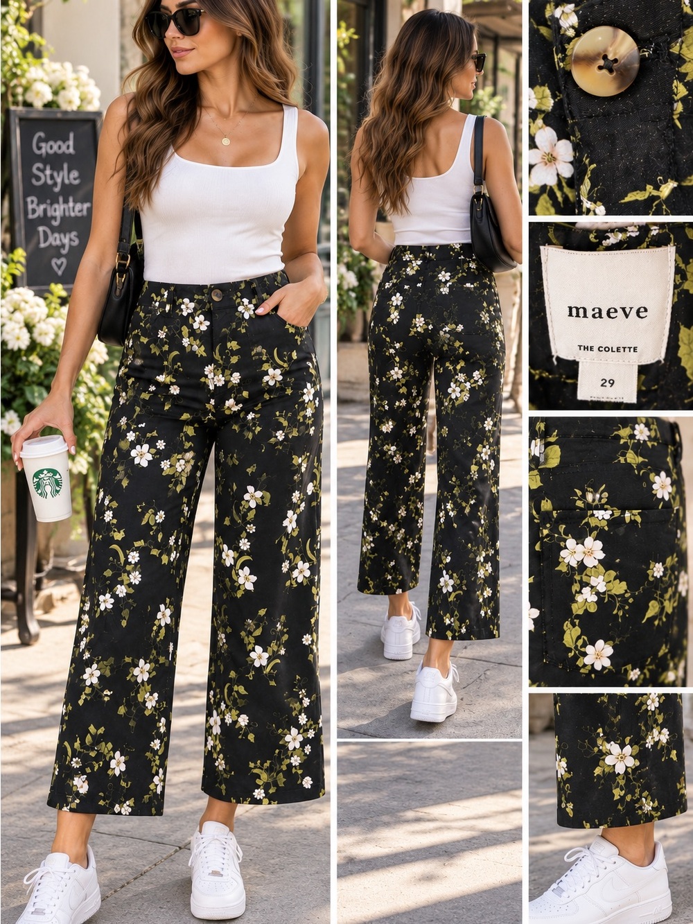 Maeve Black Floral Wide-Leg Pants with White Blossoms